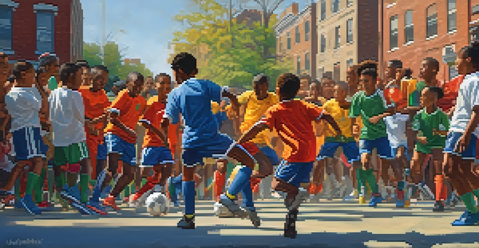 A lively street soccer game in the Bronx, featuring diverse young players and enthusiastic spectators.