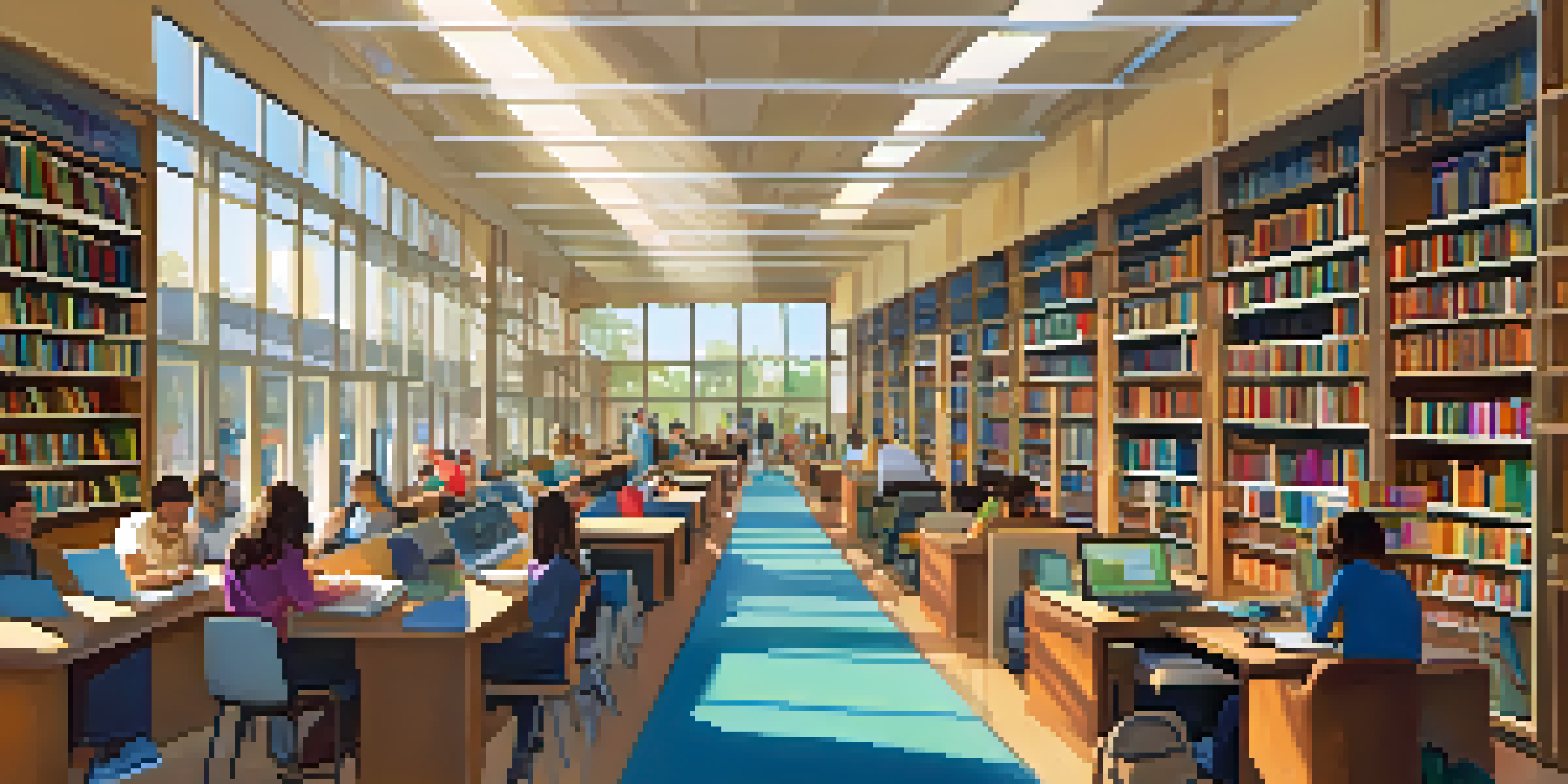 An interior view of a public library showcasing diverse individuals engaged in technology training and studying, with warm afternoon light streaming in.