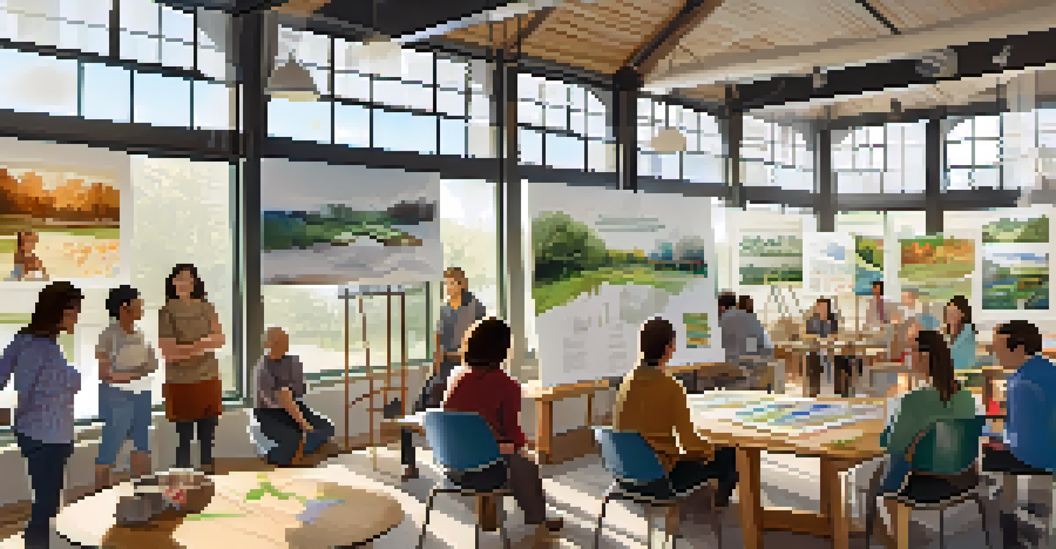 A community workshop in NYC where residents discuss sustainable building practices in a bright, open space filled with natural light.