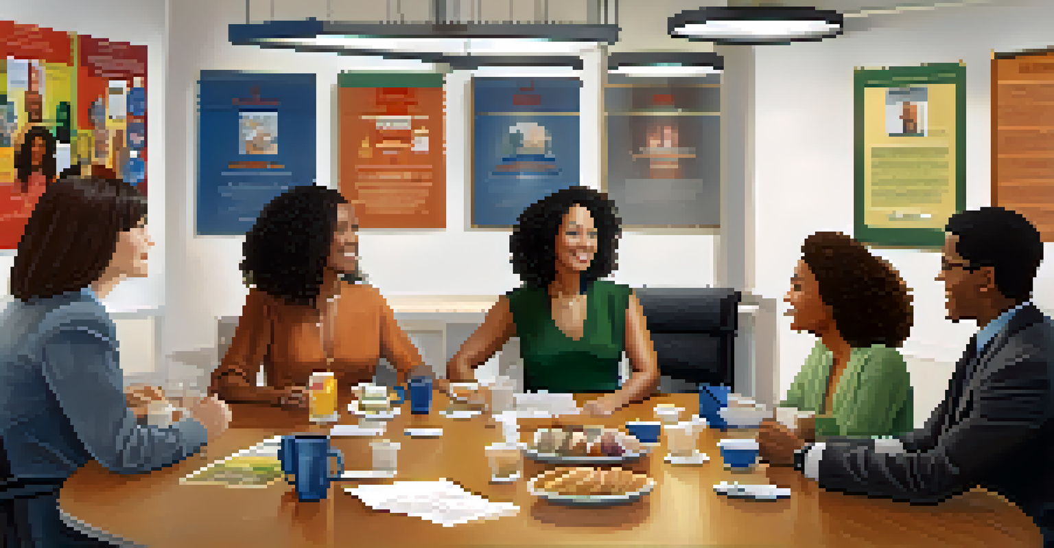 A meeting of an employee resource group in an office, with diverse individuals around a round table, discussing and promoting diversity and inclusion.