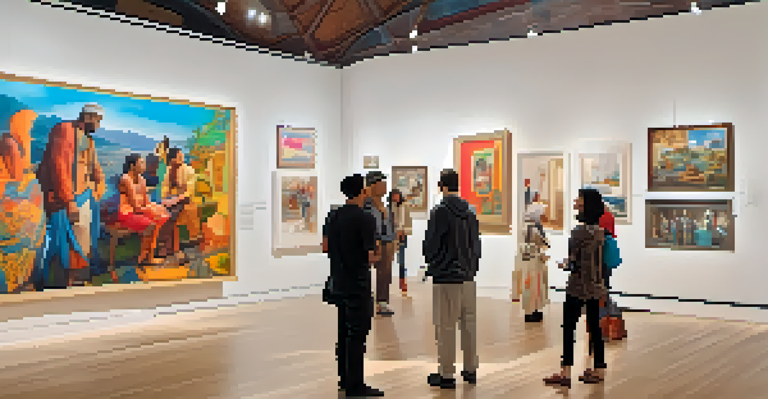 An art gallery showcasing diverse artworks with visitors discussing in a well-lit space featuring high ceilings.