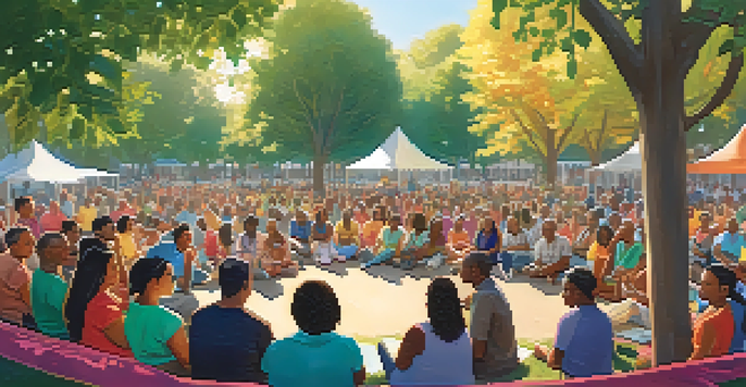 A diverse group of residents engaged in a community meeting in a park, surrounded by greenery and colorful banners.