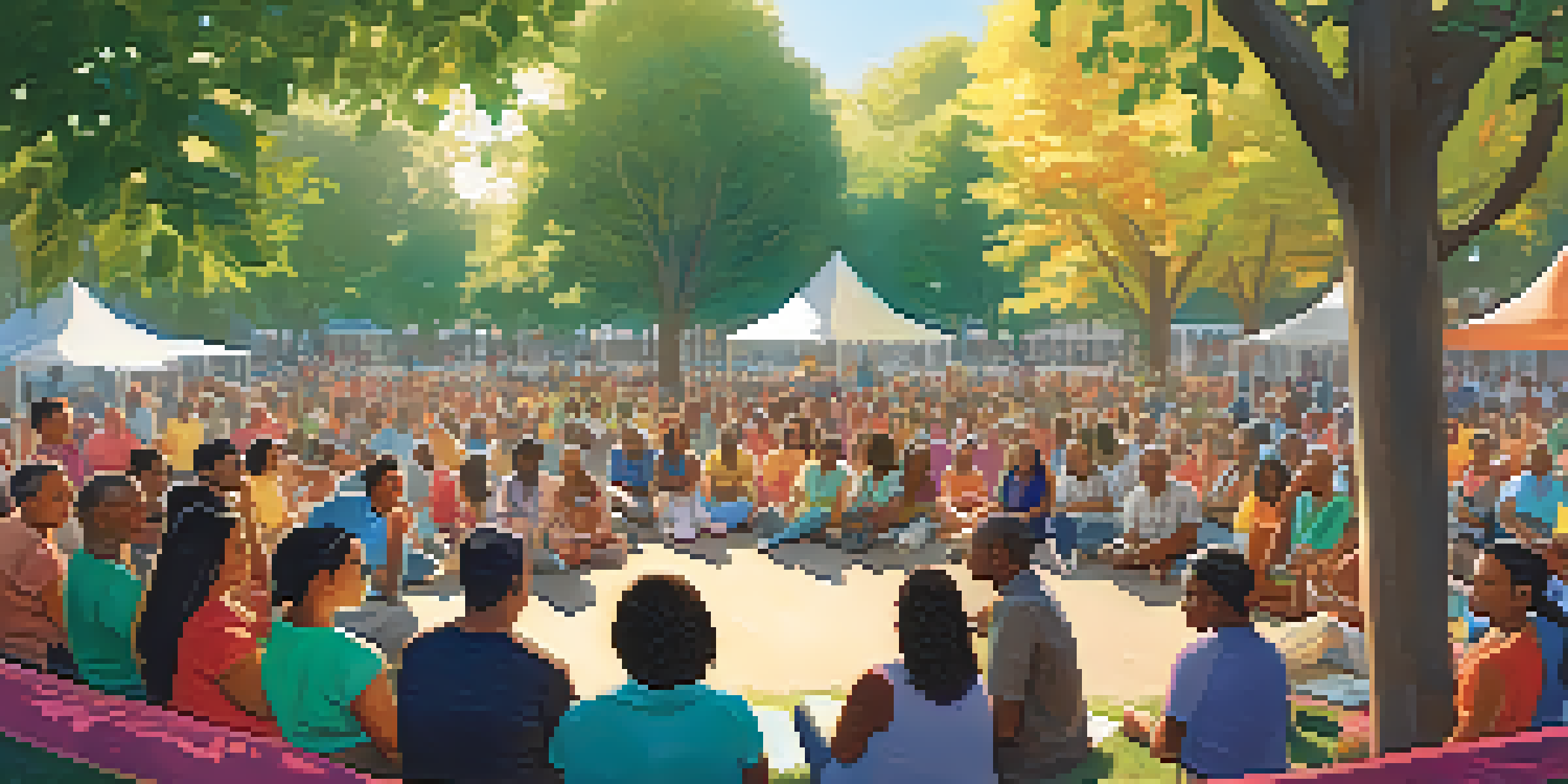 A diverse group of residents engaged in a community meeting in a park, surrounded by greenery and colorful banners.