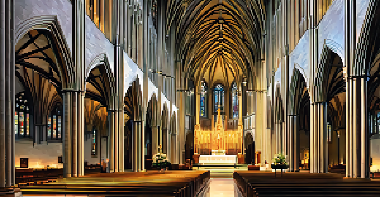 The interior of St. Patrick's Cathedral featuring the majestic altar and vaulted ceilings under soft lighting, with visitors present.