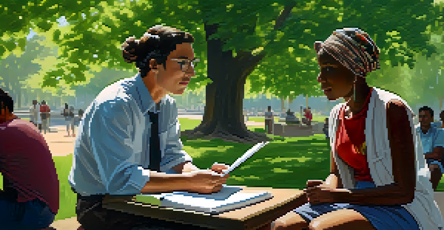 A local journalist interviewing a community member in a park, surrounded by greenery and flowers, with a warm sunlight ambiance.