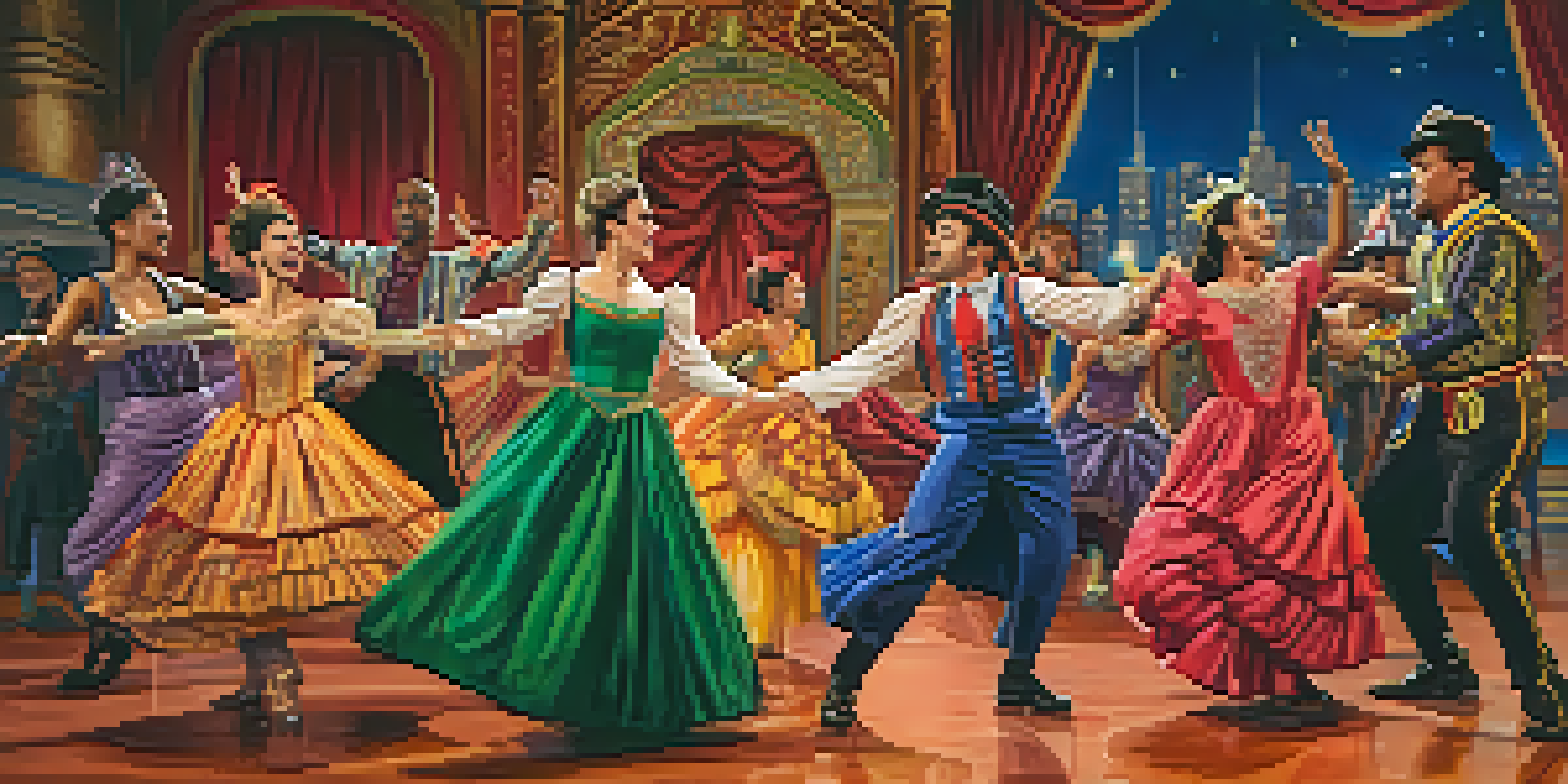 A diverse group of actors rehearsing on stage in a community theater in New York City, with warm lights and colorful costumes.