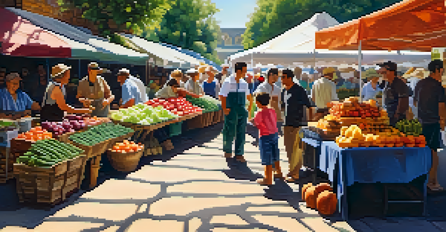 An outdoor market with local farmers selling fresh produce, crowded with people enjoying the vibrant colors and atmosphere.