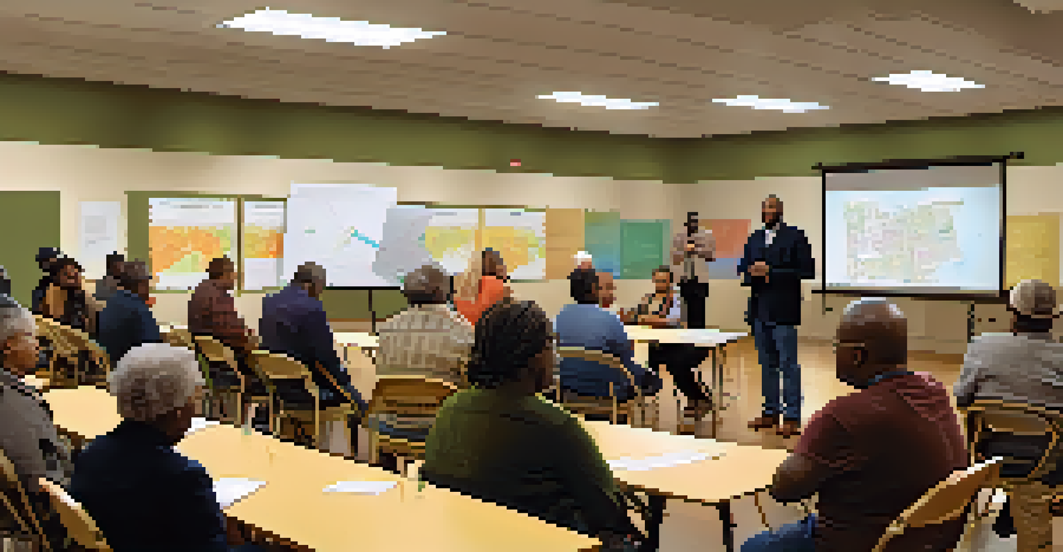 A community meeting with residents discussing neighborhood plans, surrounded by charts and maps in a warm-lit room.