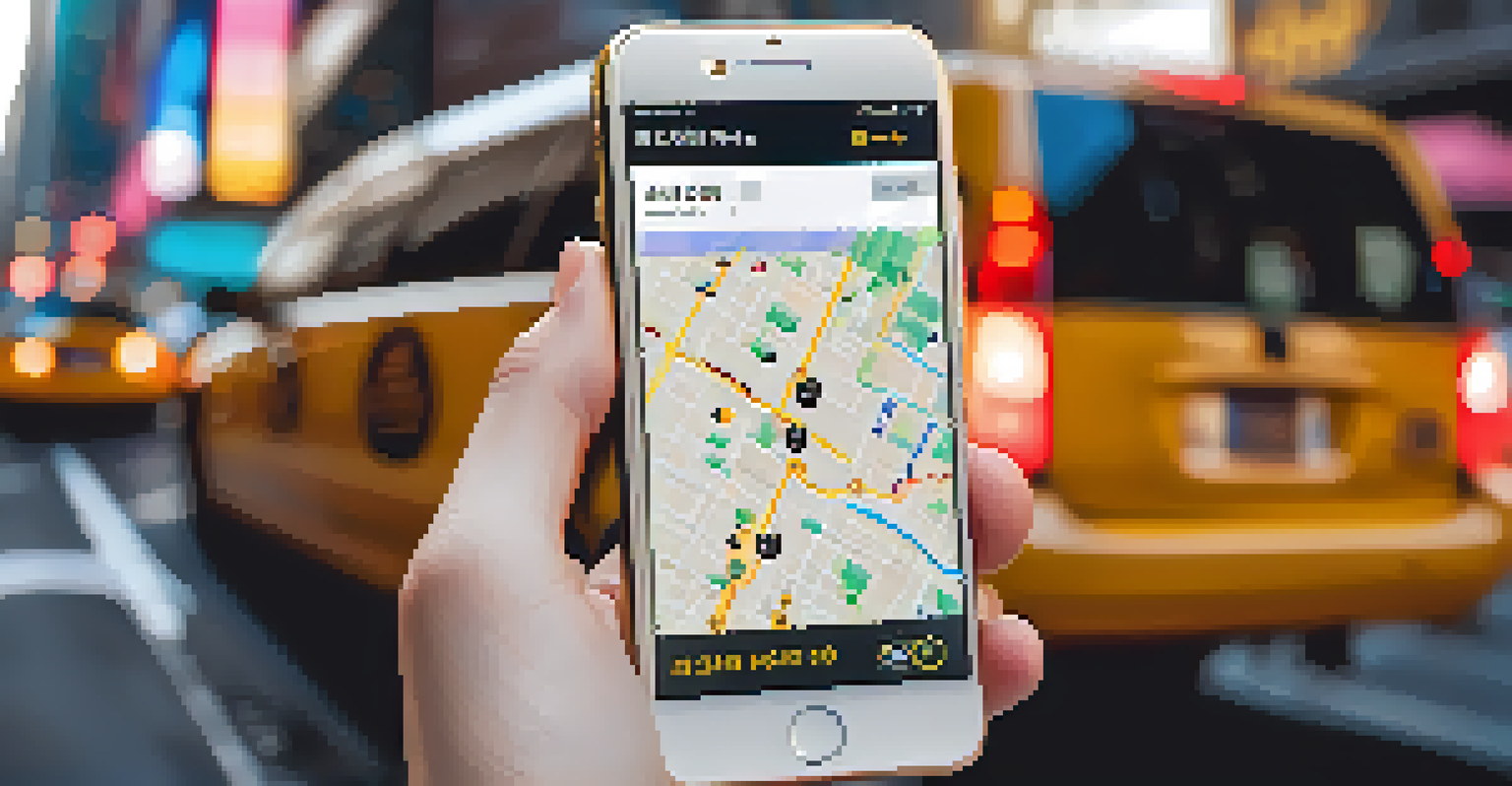 Close-up of a smartphone with a ride-hailing app interface, with a blurred background of a busy New York City street.
