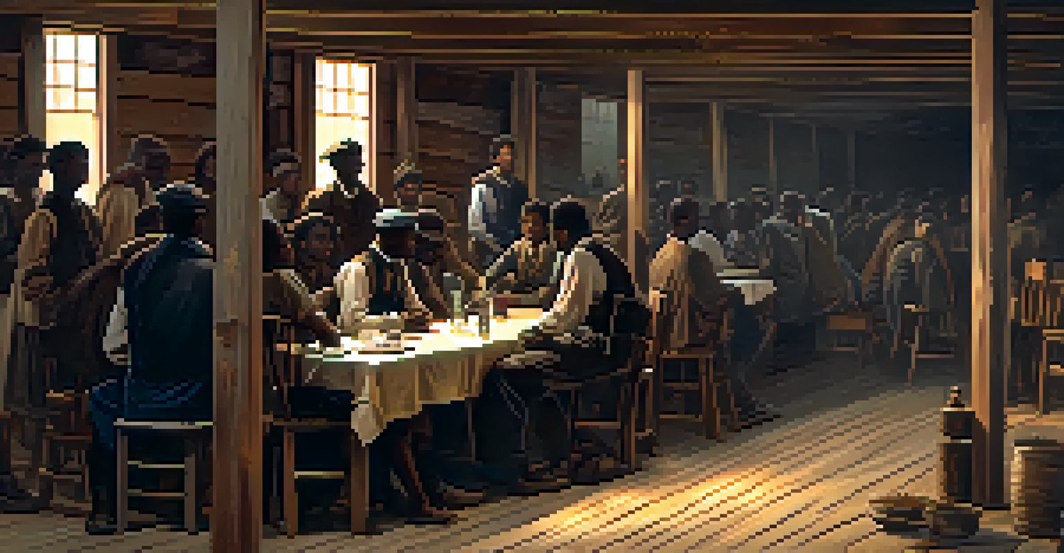 A group of African Americans in a dimly lit shelter during the Draft Riots of 1863, showing expressions of fear and determination.
