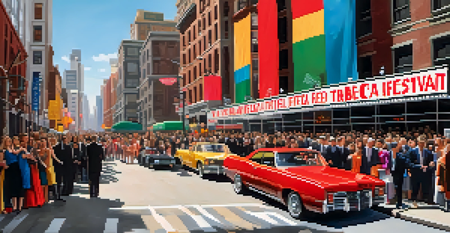 A lively red carpet scene from the Tribeca Film Festival in New York City with filmmakers and excited crowds.