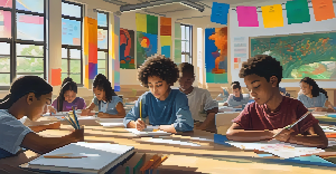 A diverse group of students working together on a project in a bright and colorful classroom.