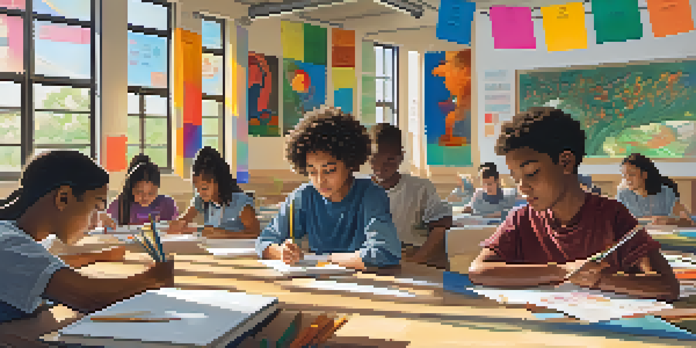 A diverse group of students working together on a project in a bright and colorful classroom.