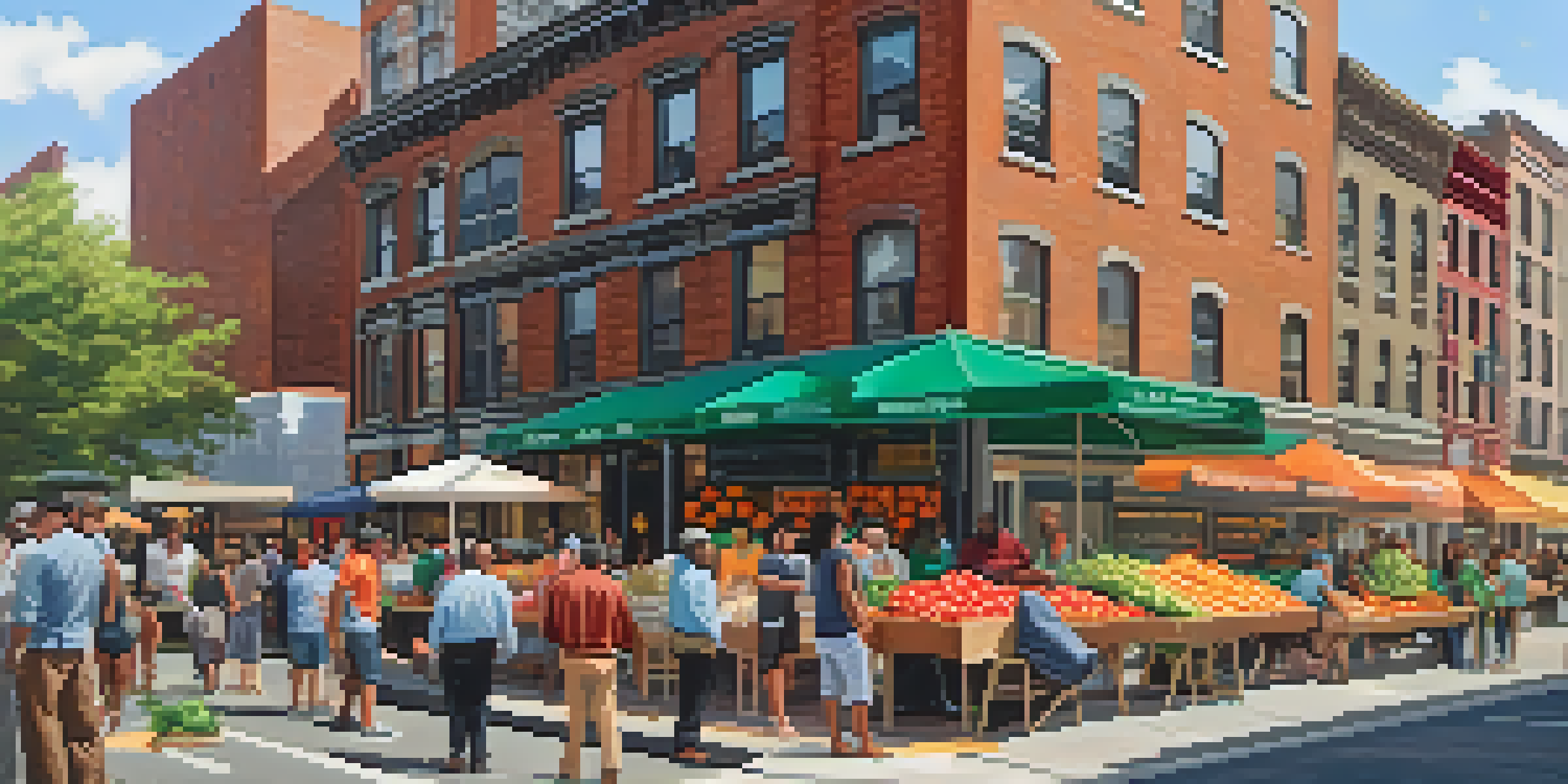 A vibrant New York City street with a diverse group of people near a new affordable housing building, featuring a lively farmer's market and bright sunlight.