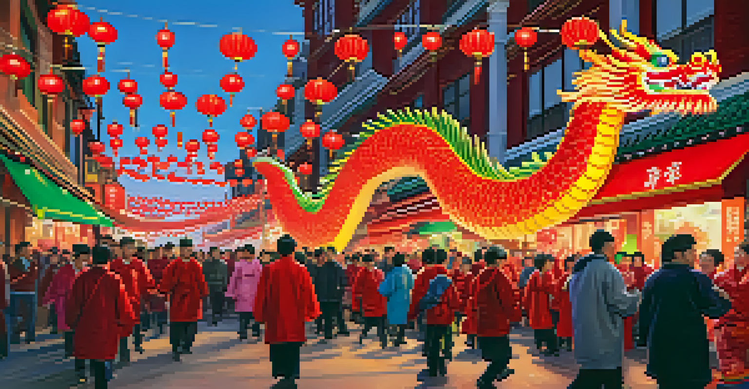 A colorful Lunar New Year Parade in Chinatown, with a dragon dance and festive decorations.