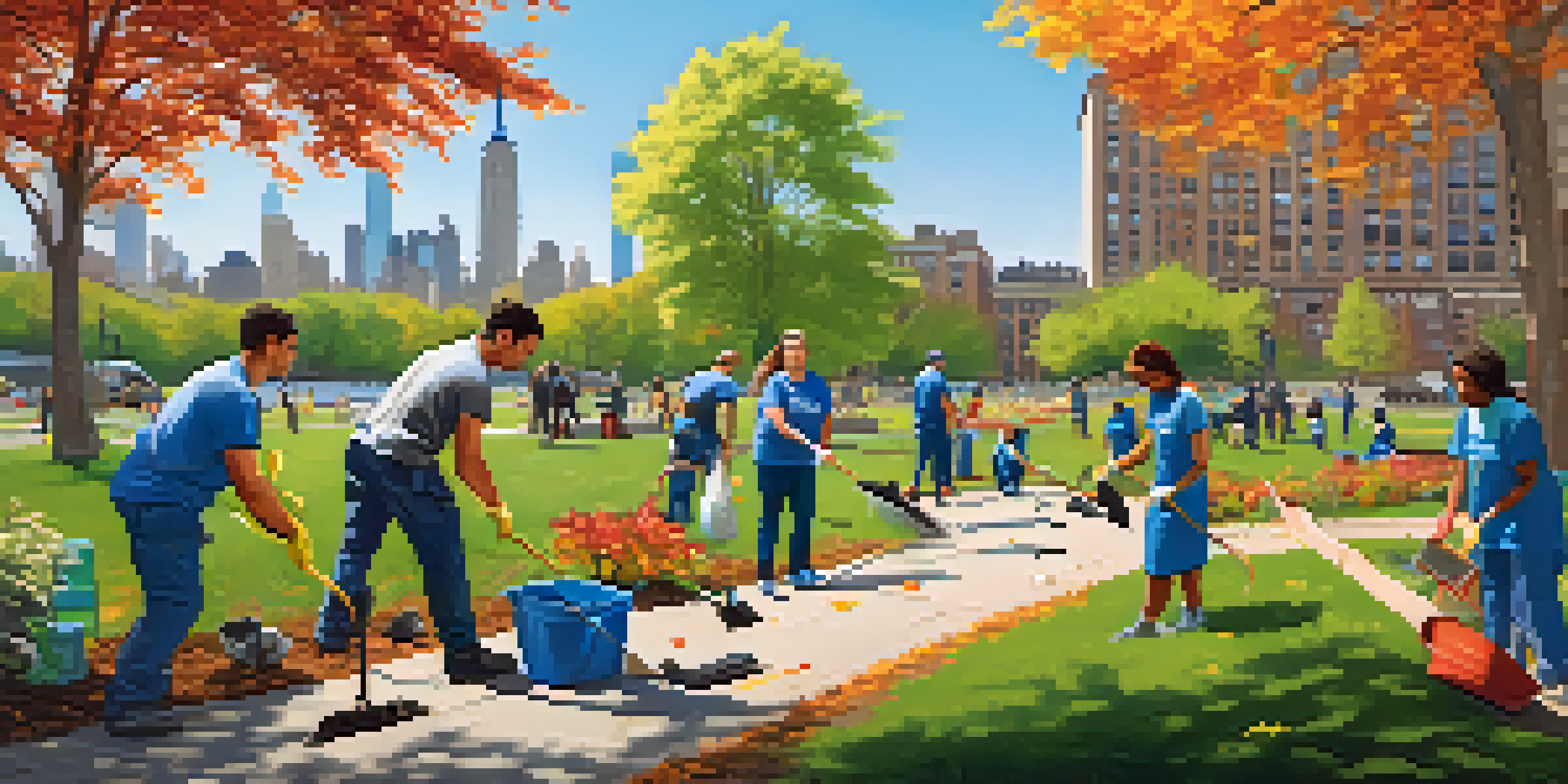 A diverse group of volunteers cleaning a park in New York City, surrounded by greenery and trees, under a bright blue sky.