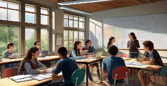 A bright classroom where students are working together on a math problem, with laptops and colorful notes visible.