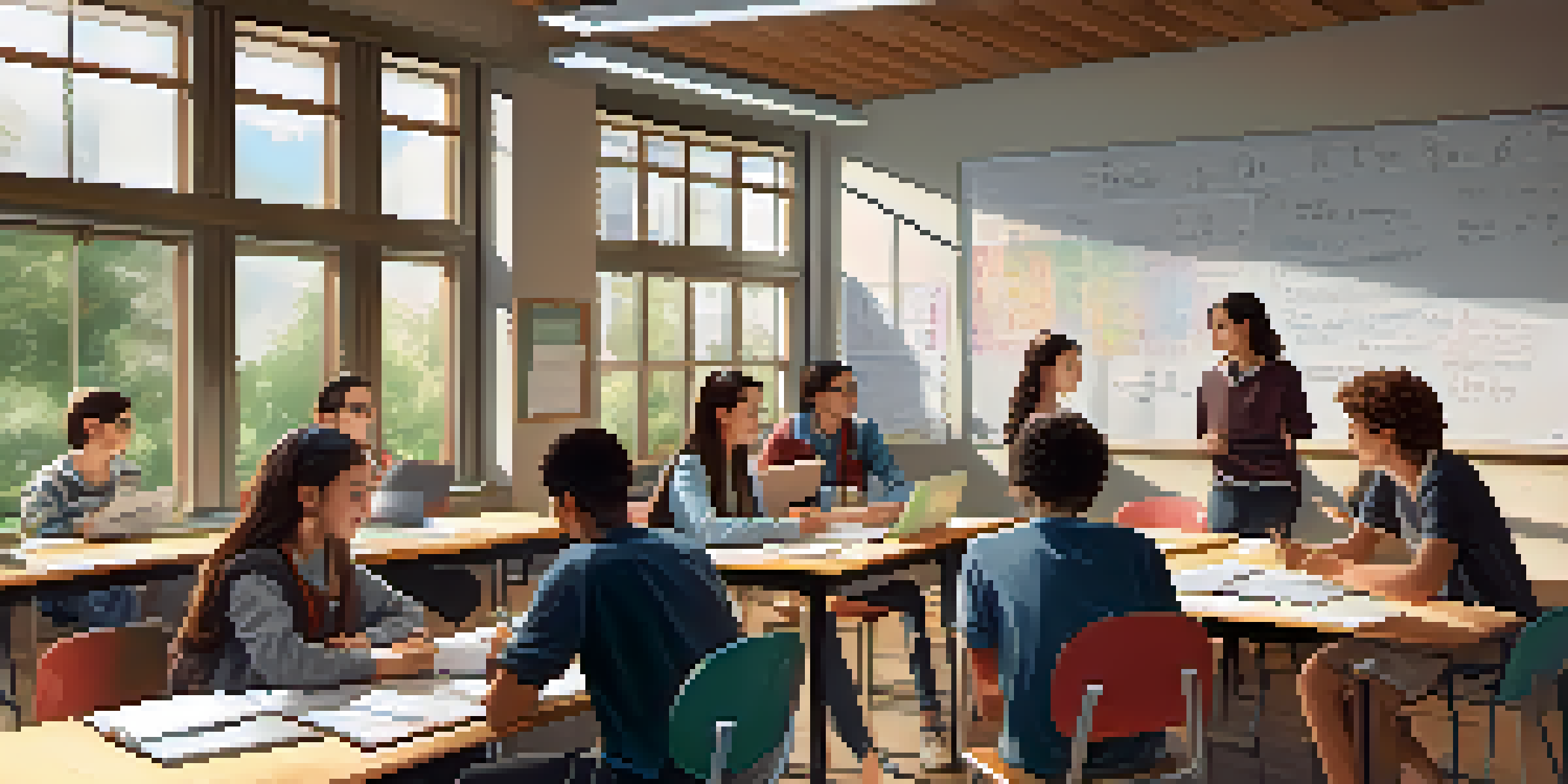 A bright classroom where students are working together on a math problem, with laptops and colorful notes visible.
