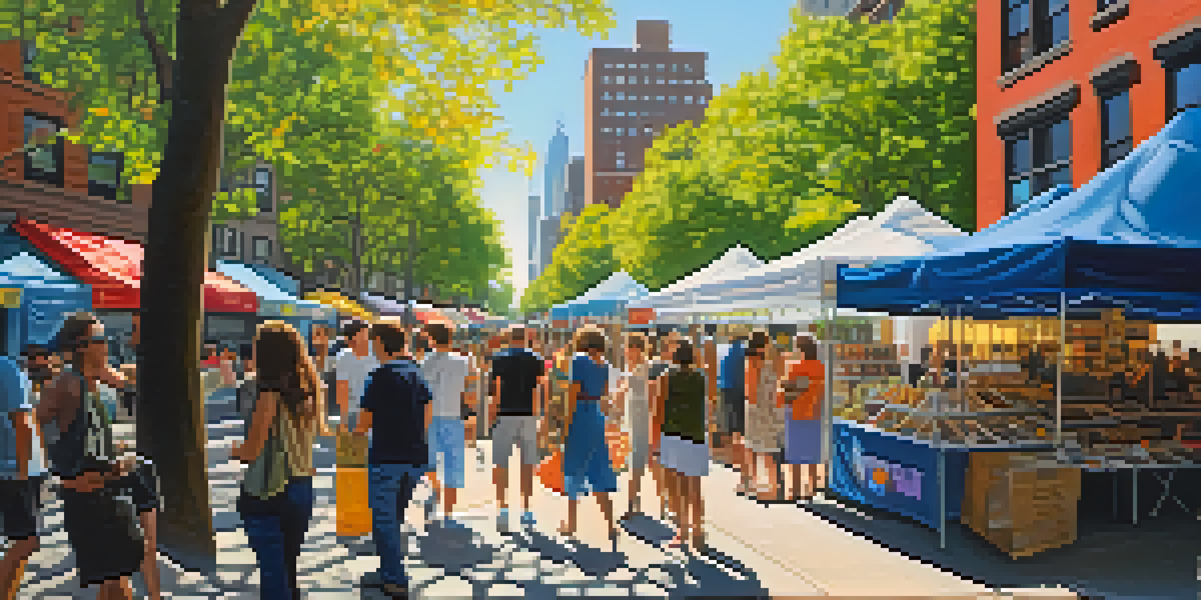 A lively outdoor art fair in New York City with diverse people enjoying colorful art installations and food vendors under sunlight.