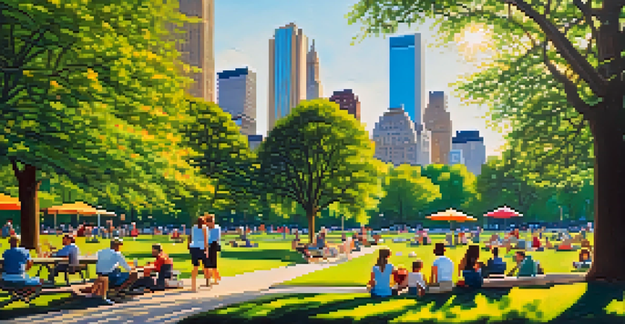 A sunny day in Central Park with people enjoying picnics and lush greenery, against the backdrop of New York City's skyline.