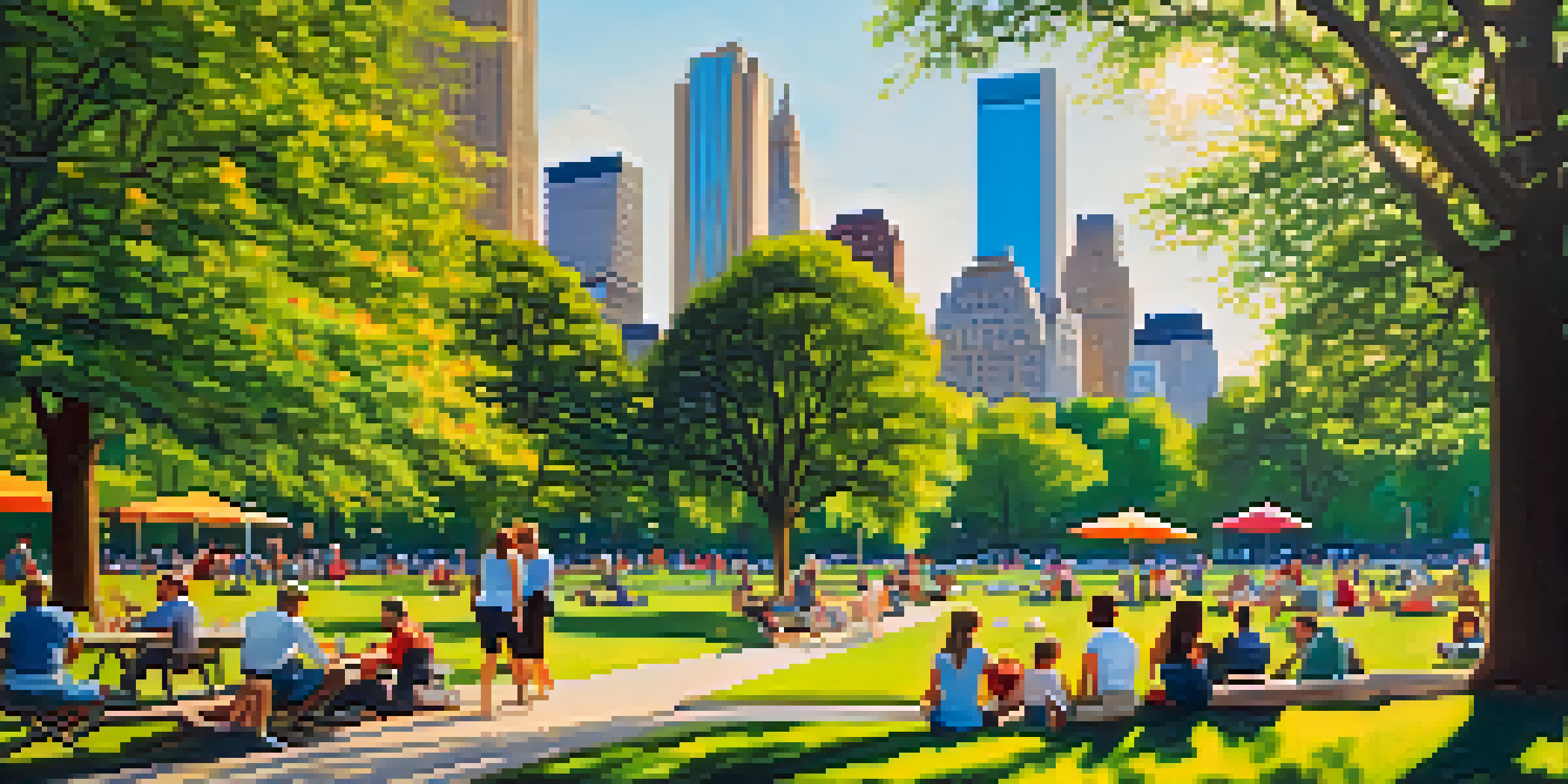 A sunny day in Central Park with people enjoying picnics and lush greenery, against the backdrop of New York City's skyline.