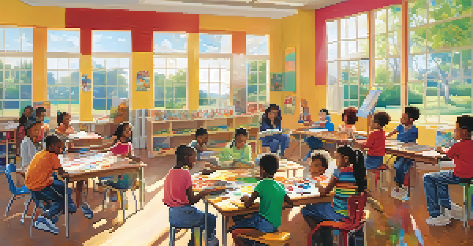 Children of various backgrounds participating in after-school activities like painting and sports in a colorful community center.