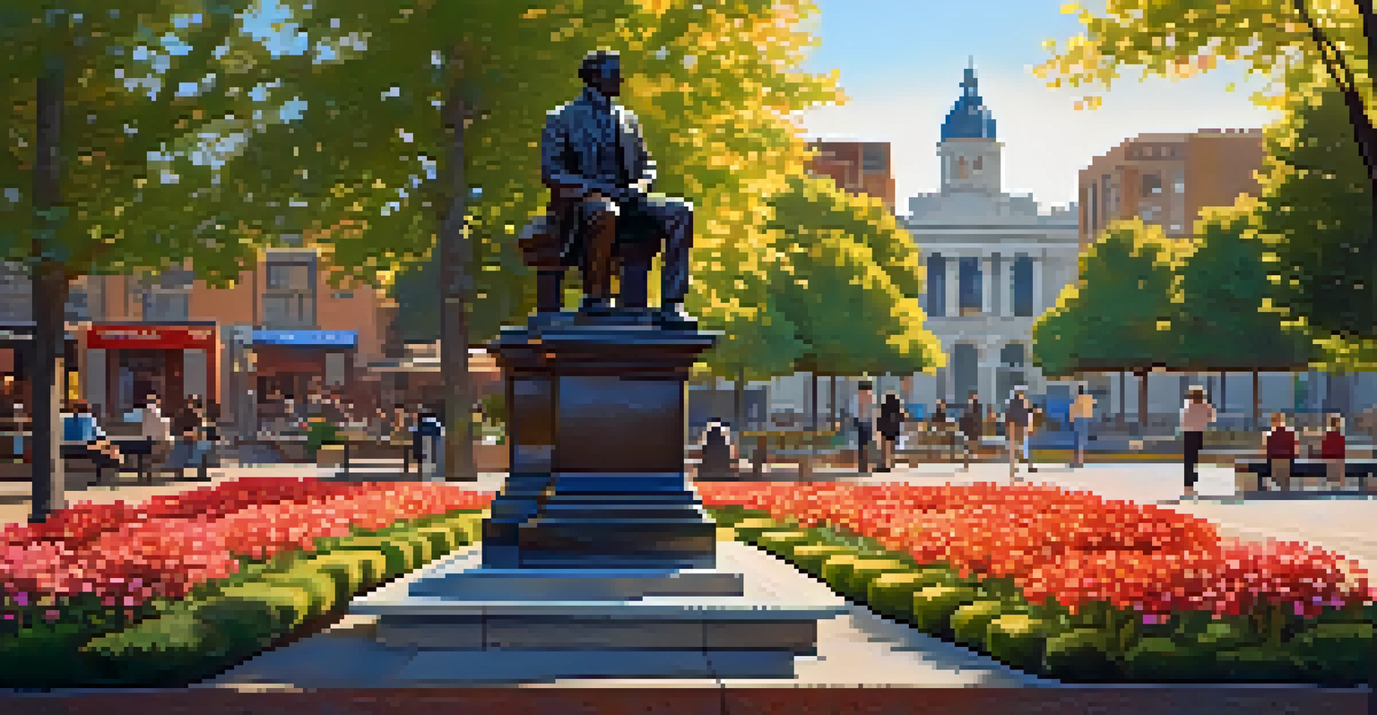 A bronze statue of a historical figure in a city square surrounded by flowers and people sitting on benches.