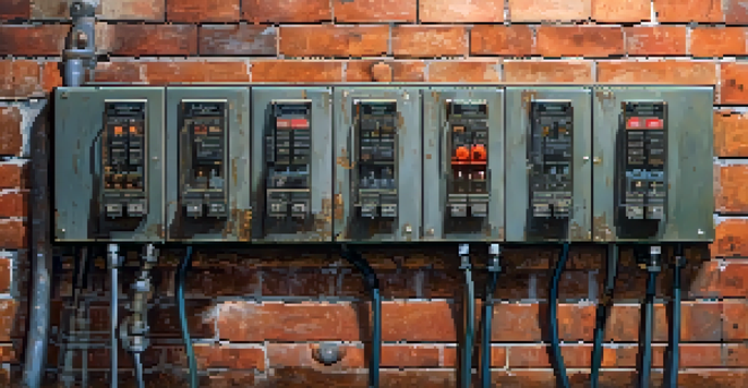 A close-up of an aging electrical panel with worn wires and circuit breakers in a New York City building, illuminated by soft lighting.