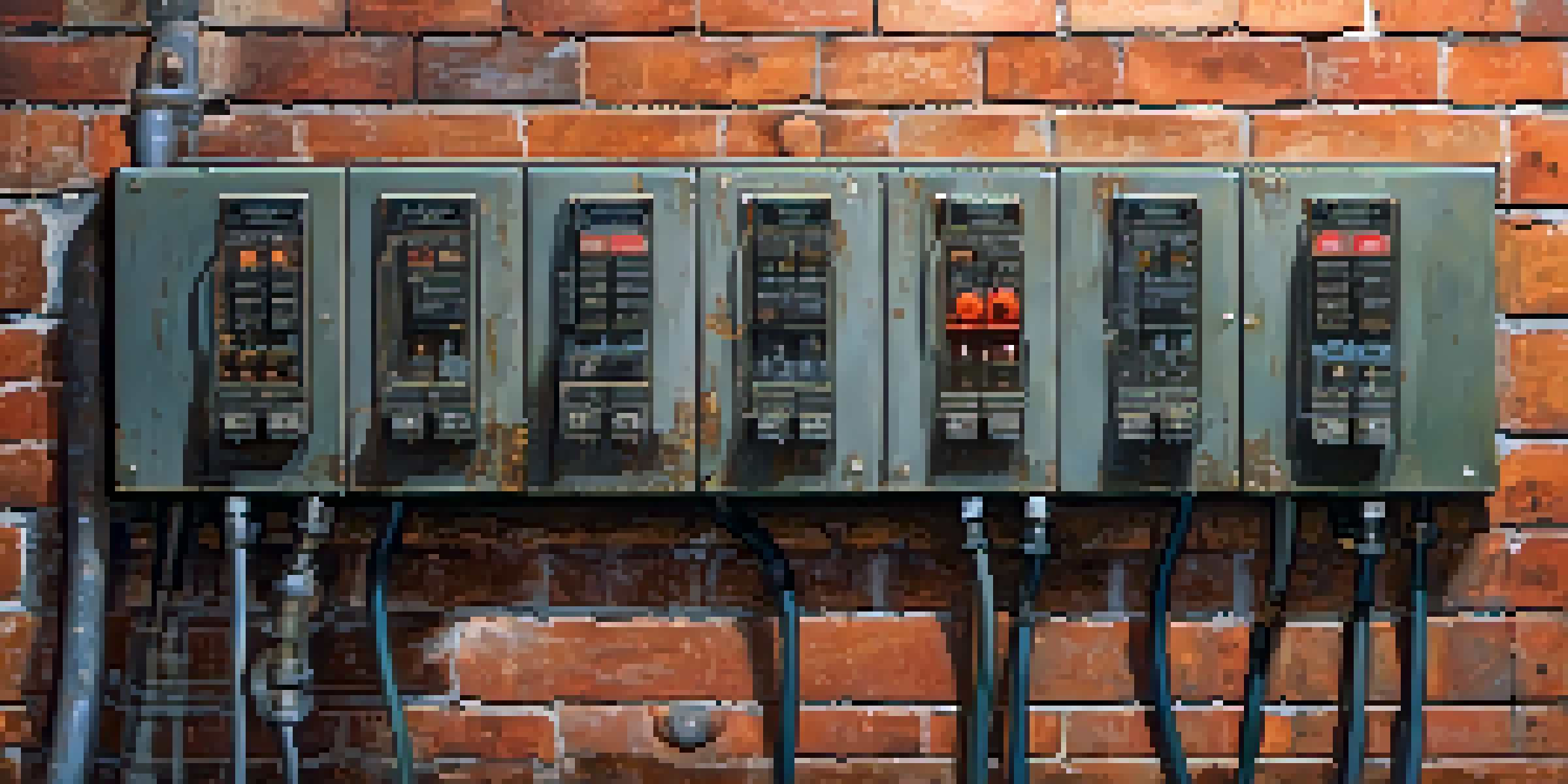 A close-up of an aging electrical panel with worn wires and circuit breakers in a New York City building, illuminated by soft lighting.