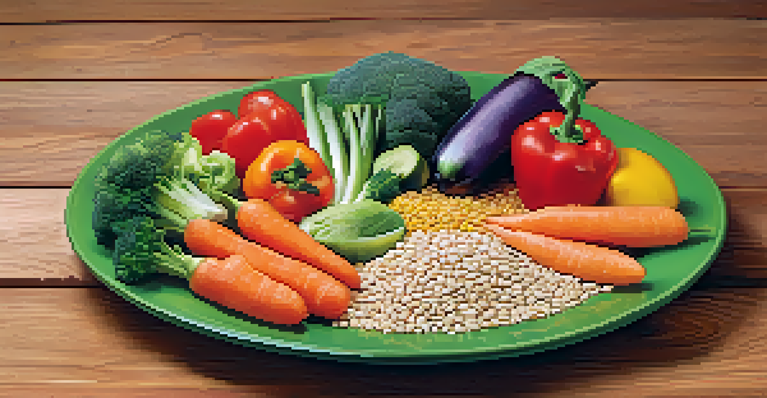 A beautifully arranged plate of healthy food, including colorful vegetables and grains, on a rustic wooden table.