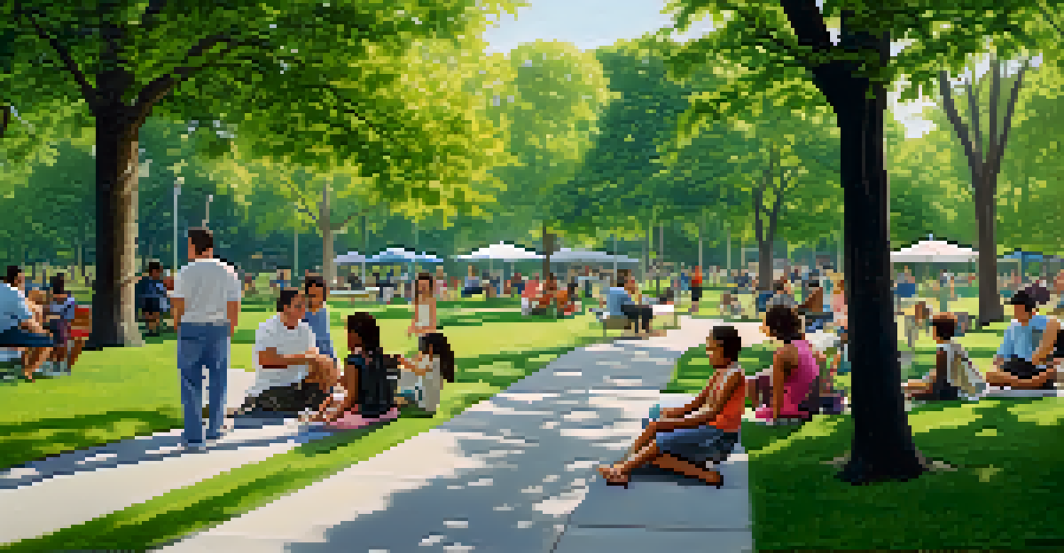 A diverse group of people enjoying a park in NYC, with families picnicking and a community discussion taking place.