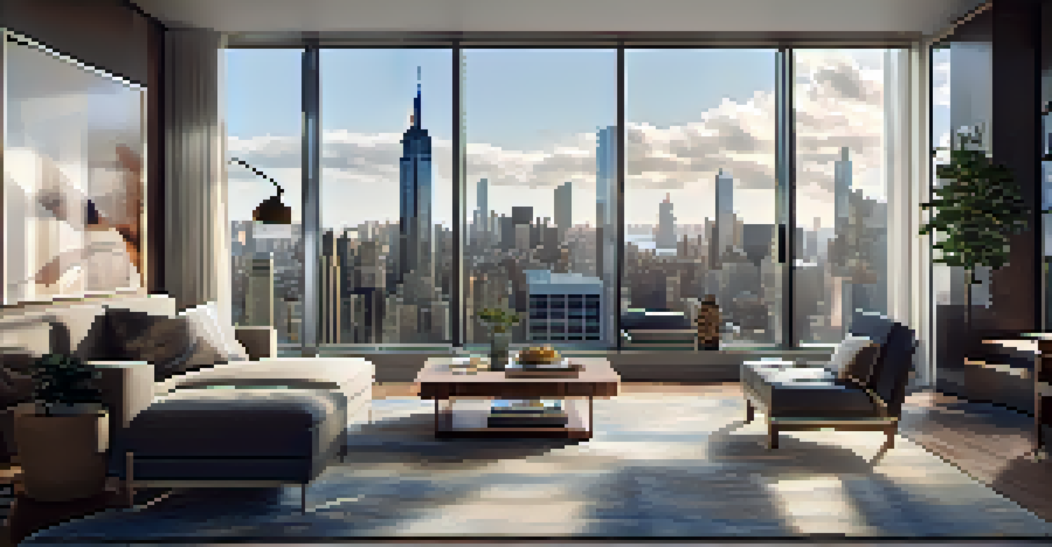 A stylish interior of a modern New York City apartment with large windows and contemporary decor, showcasing the skyline outside.