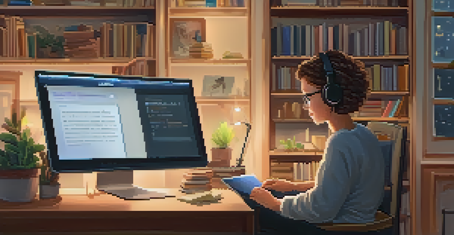 A student watching an educational video on a laptop in a cozy home study environment filled with books.
