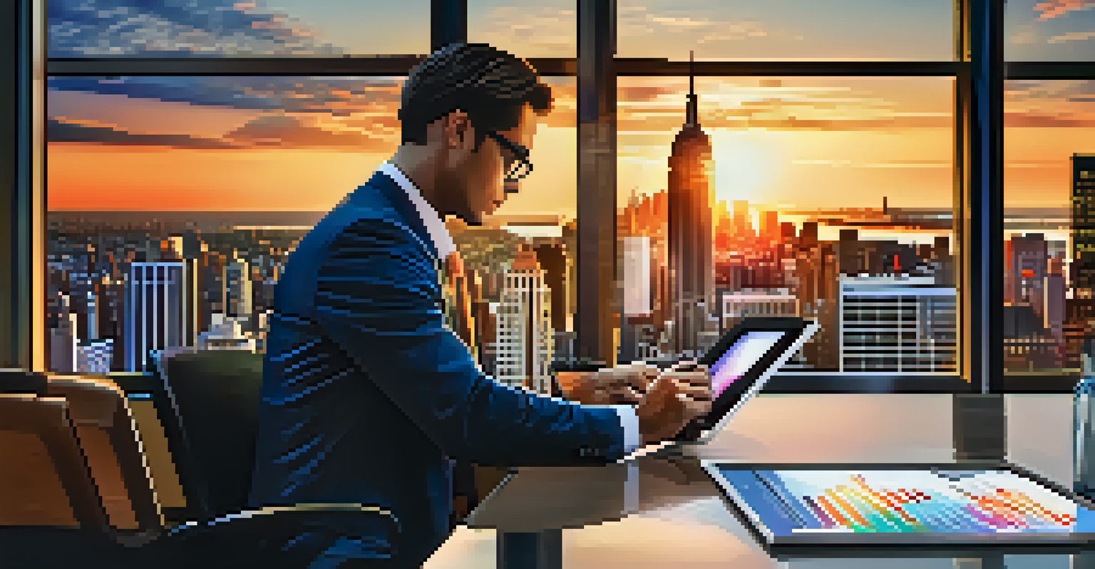 A close-up of a business professional using a digital tablet in an office with a view of the New York City skyline at sunset.