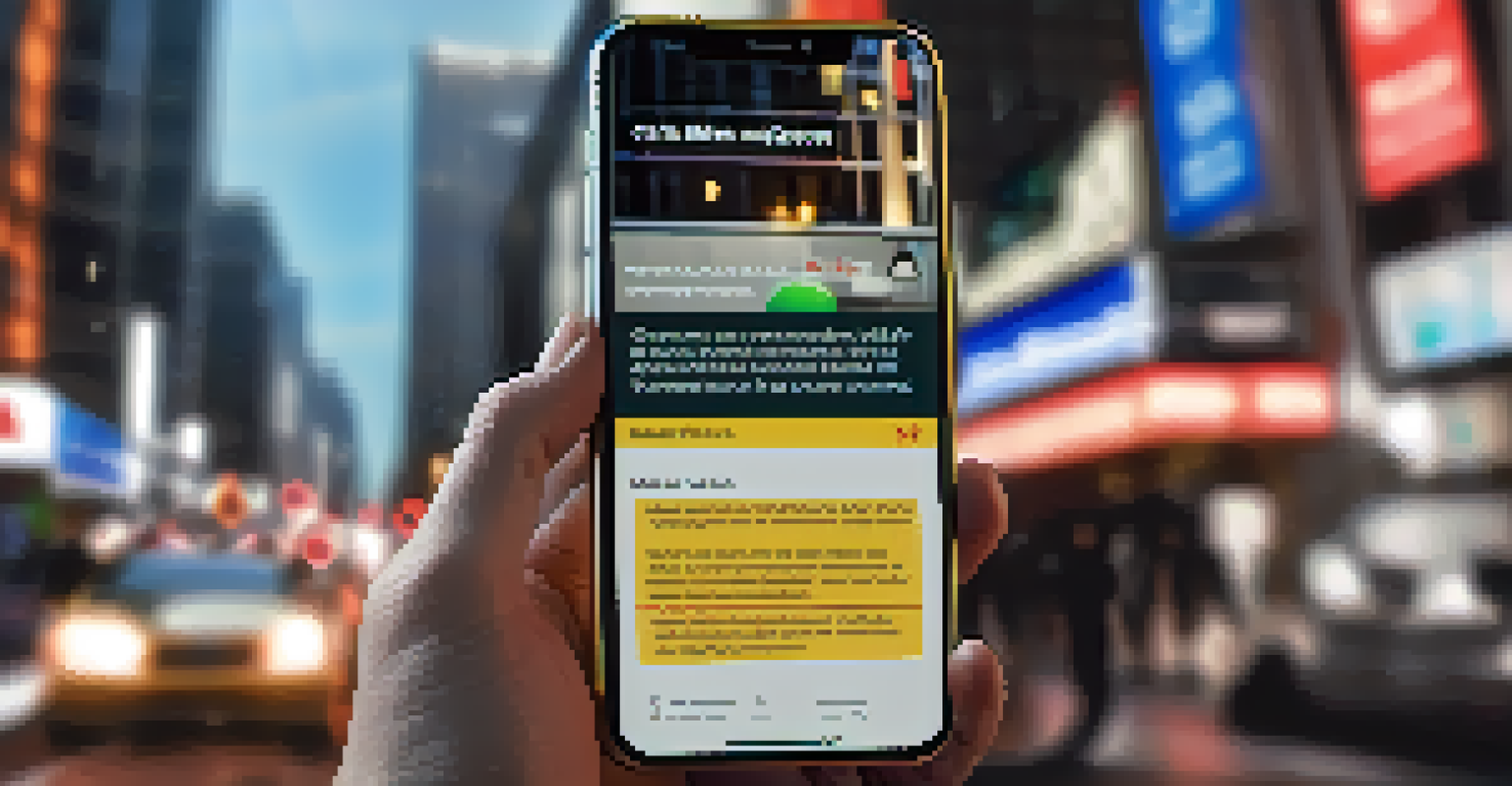 A close-up of a smartphone showing a crisis alert notification, with a concerned individual in a busy city background.