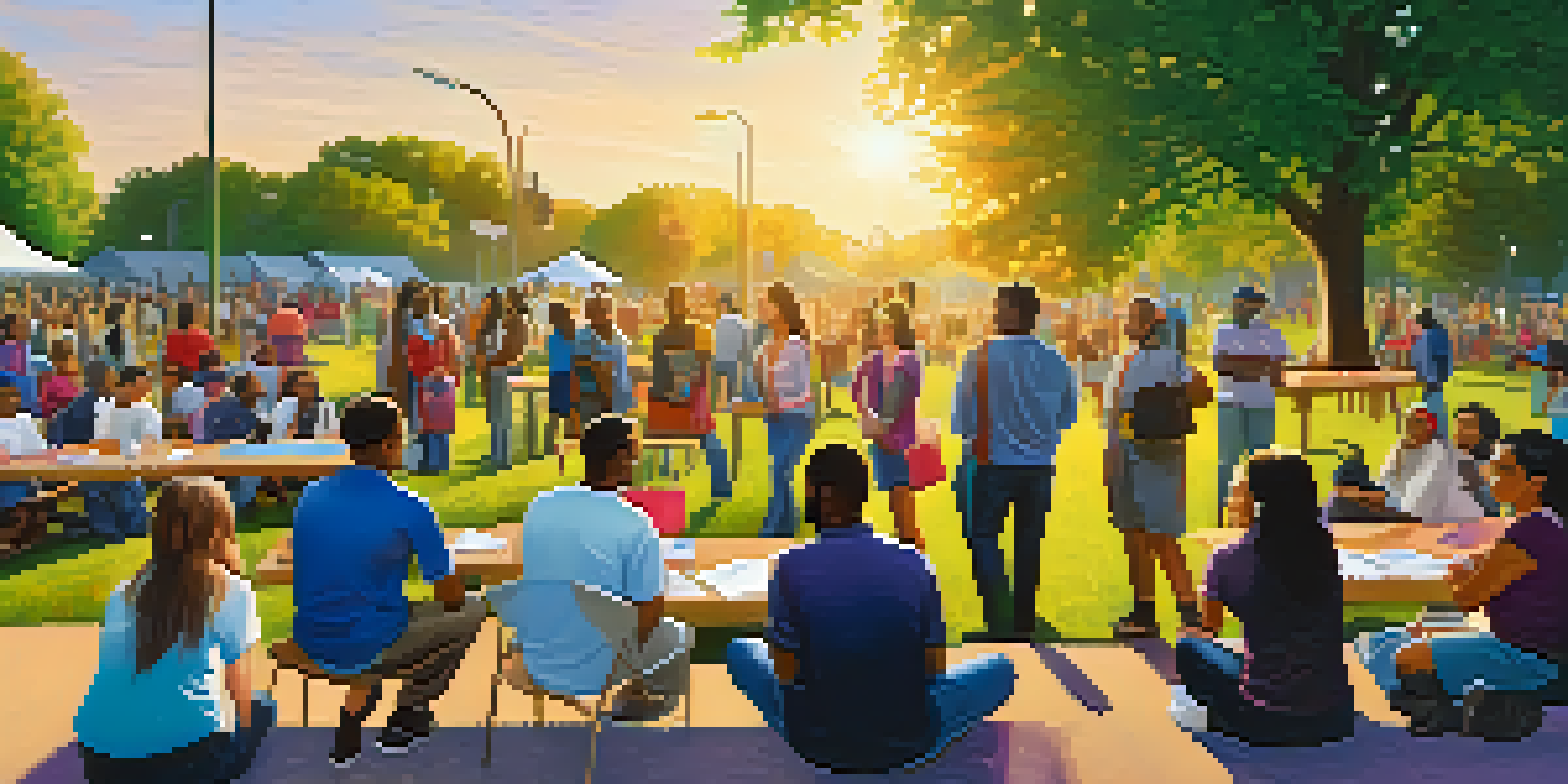 A diverse group of people in an urban park, participating in discussions and activities for substance abuse awareness, with colorful banners and a sunset backdrop.
