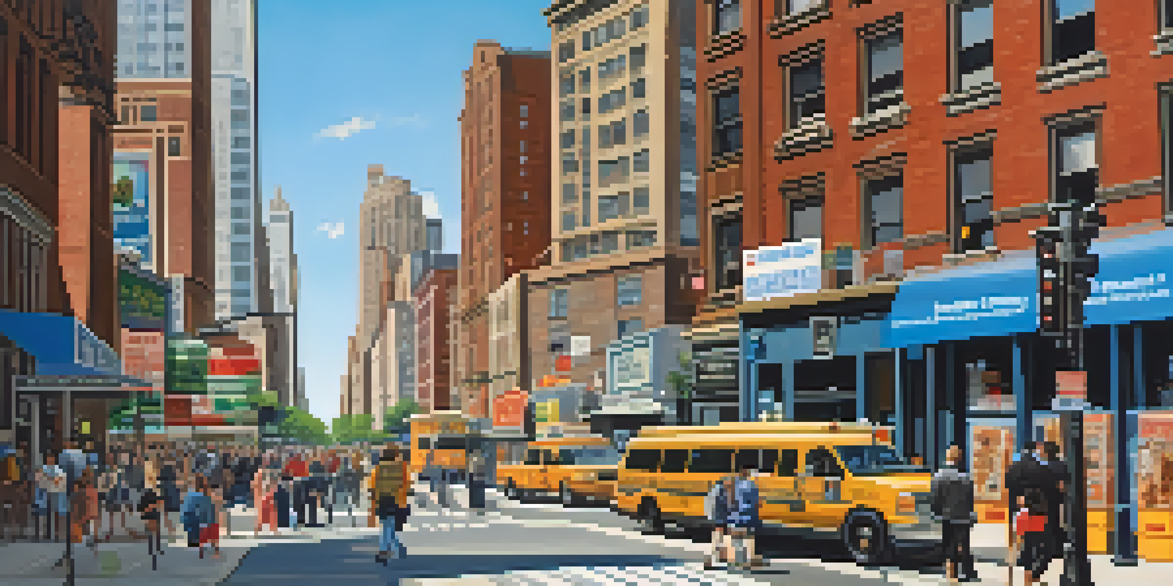 A busy New York city street filled with pedestrians and emergency preparedness posters on buildings under a bright blue sky.