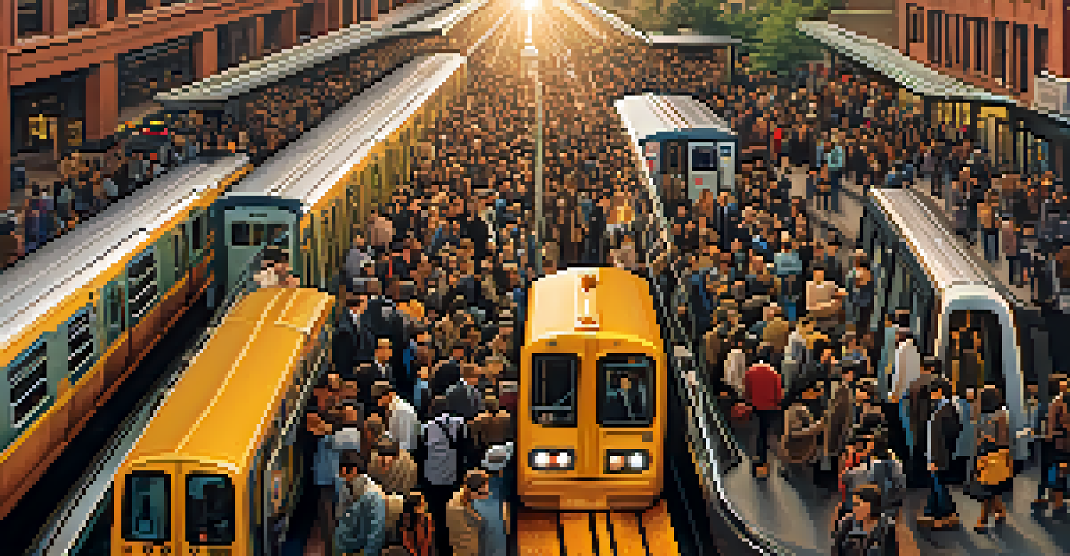 An aerial view of a crowded New York City subway station with commuters waiting for trains during rush hour.