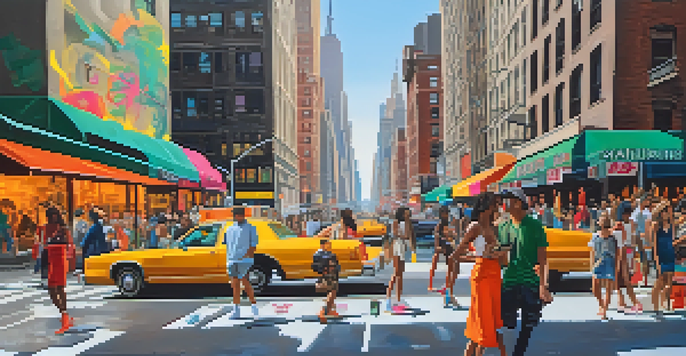 A lively street scene in New York City during fashion week, featuring diverse models in colorful streetwear and iconic skyscrapers in the background.