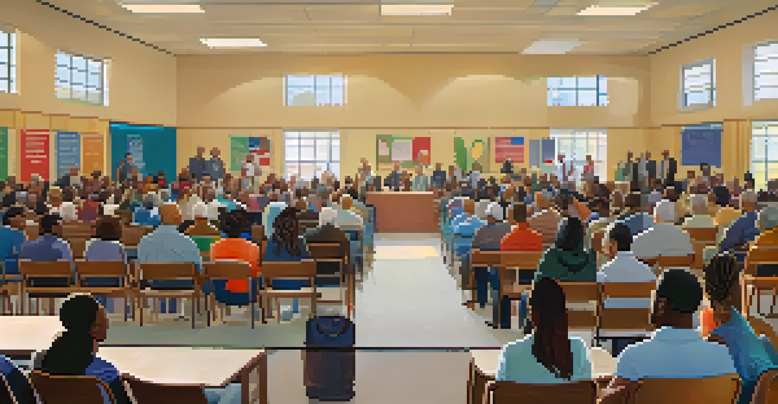 Residents attending a town hall meeting in a community center, with local leaders at the front addressing questions.