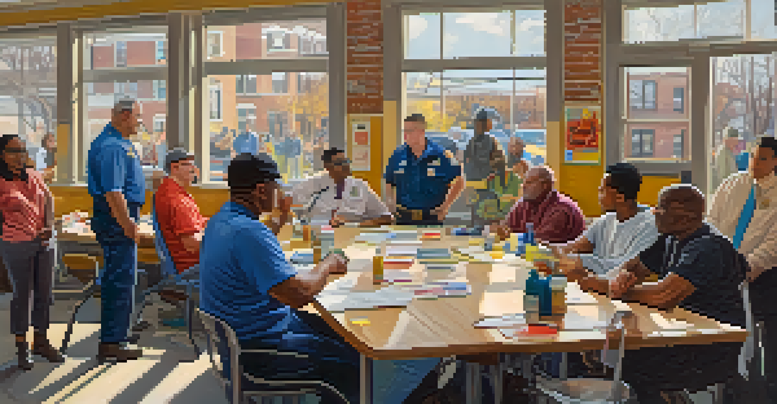 NYC responders and community members collaborating in a training workshop, discussing crisis management strategies in a welcoming neighborhood environment.
