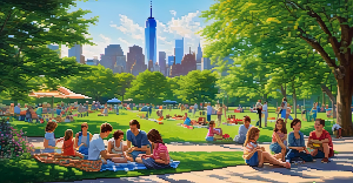 A sunny city park in New York City with families picnicking, surrounded by trees and flowers, and a skyline in the background.