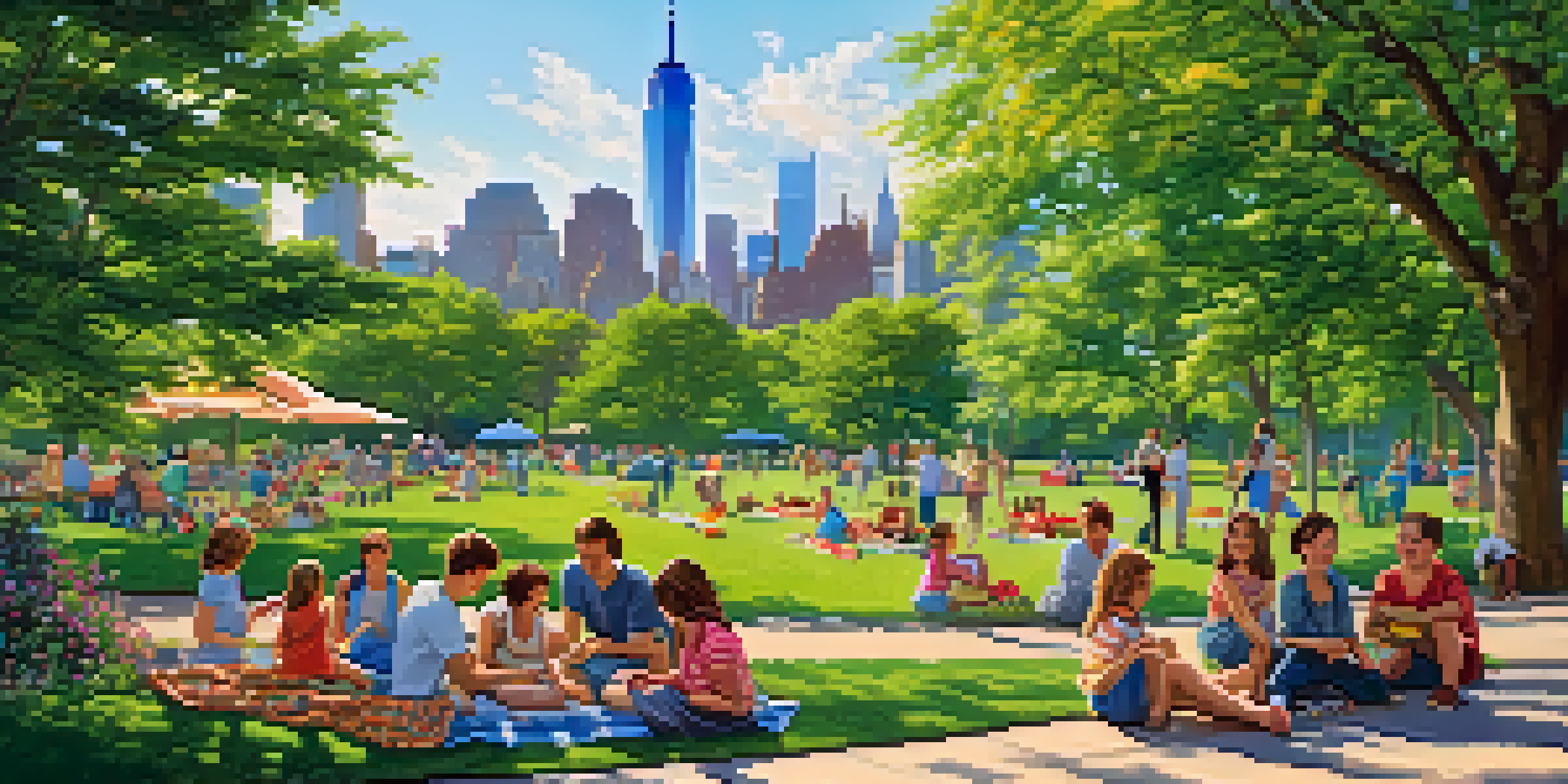 A sunny city park in New York City with families picnicking, surrounded by trees and flowers, and a skyline in the background.