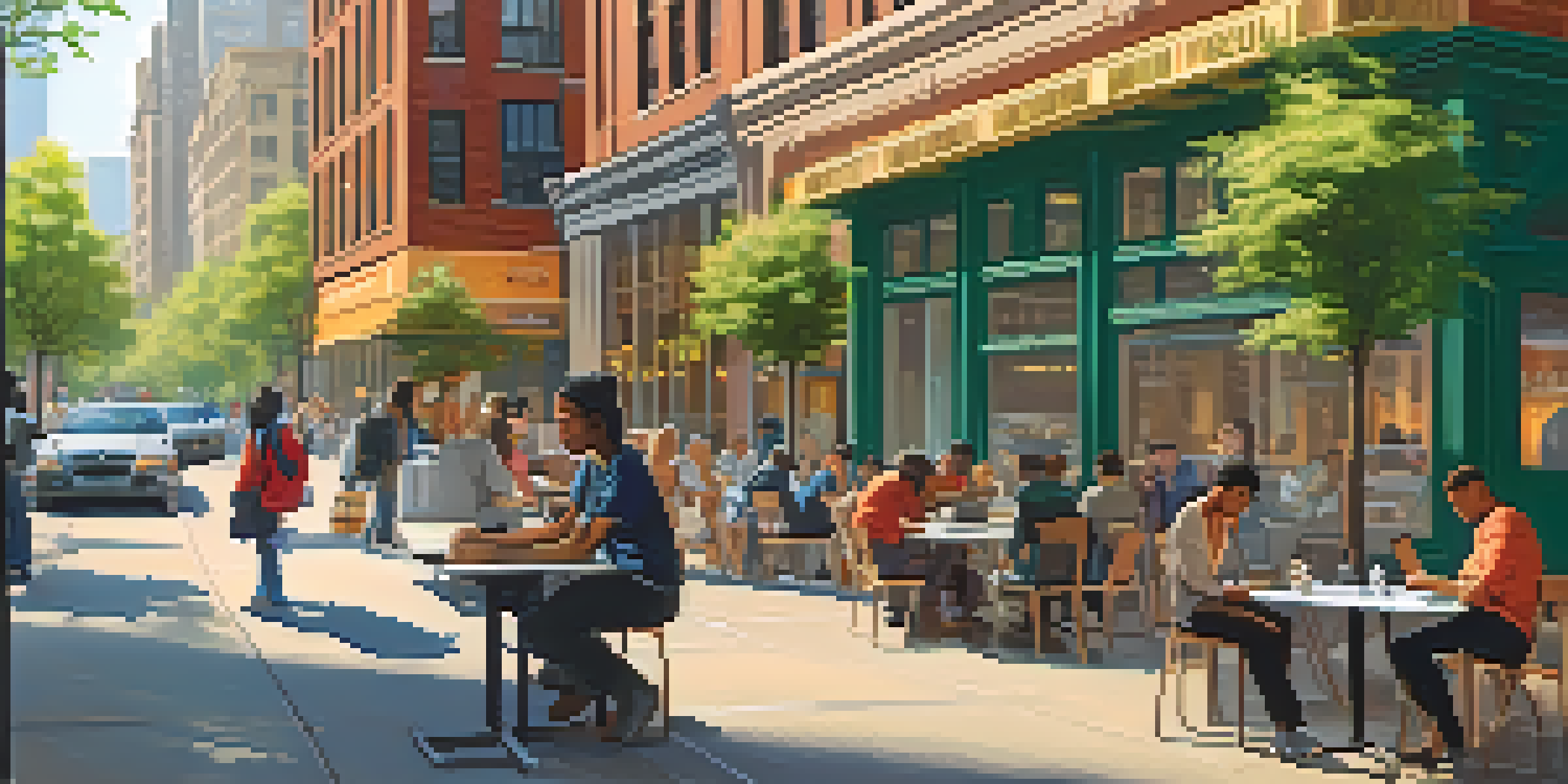 A lively New York City street with professionals learning, including a software developer on a laptop and a factory worker with a mentor, surrounded by iconic buildings and people.