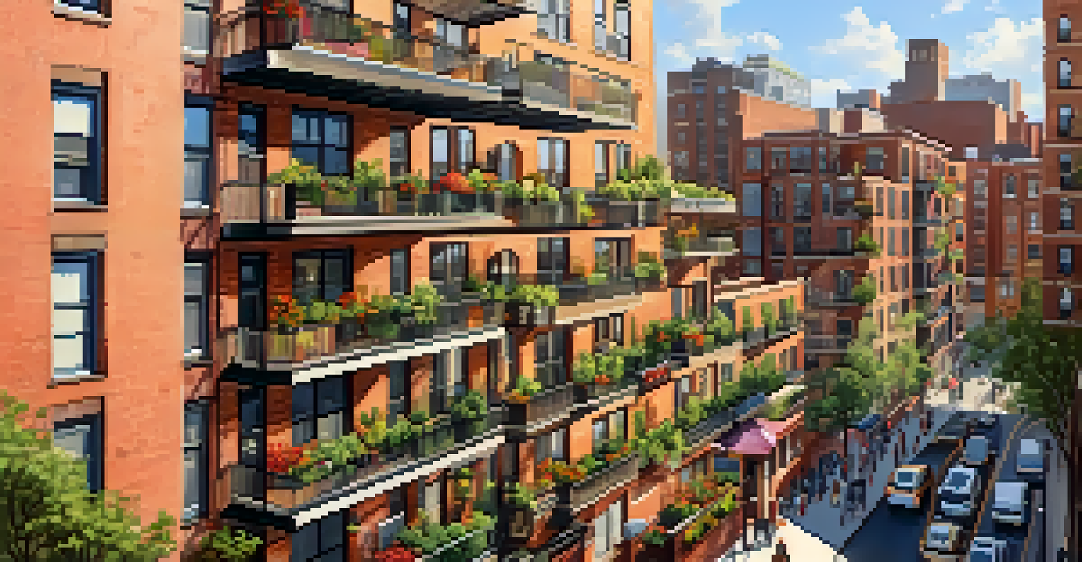 A modern urban housing complex in New York City with a mix of apartments and a bustling street market.