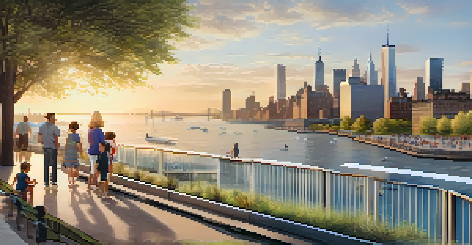 A scenic view of the East Side Coastal Resiliency Project in Manhattan, featuring flood protection structures and people enjoying the park.
