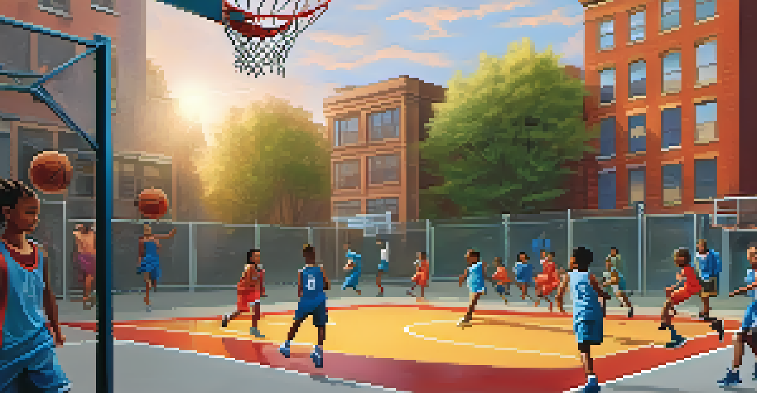 Children from diverse backgrounds playing basketball on an outdoor court in Brooklyn.