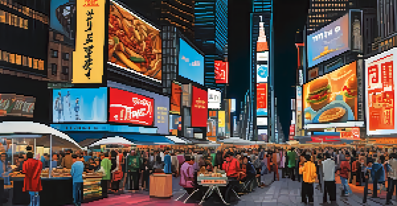 A lively Times Square scene at night, showcasing diverse people and colorful billboards.