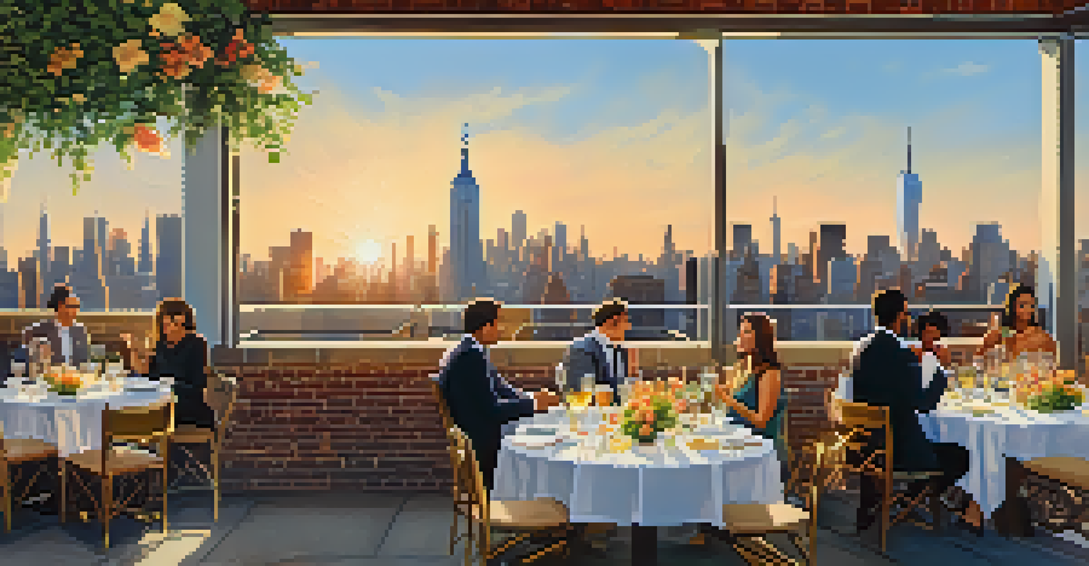 A rooftop brunch with a view of the NYC skyline, tables with fresh flowers and food, as guests enjoy the sunset ambiance.