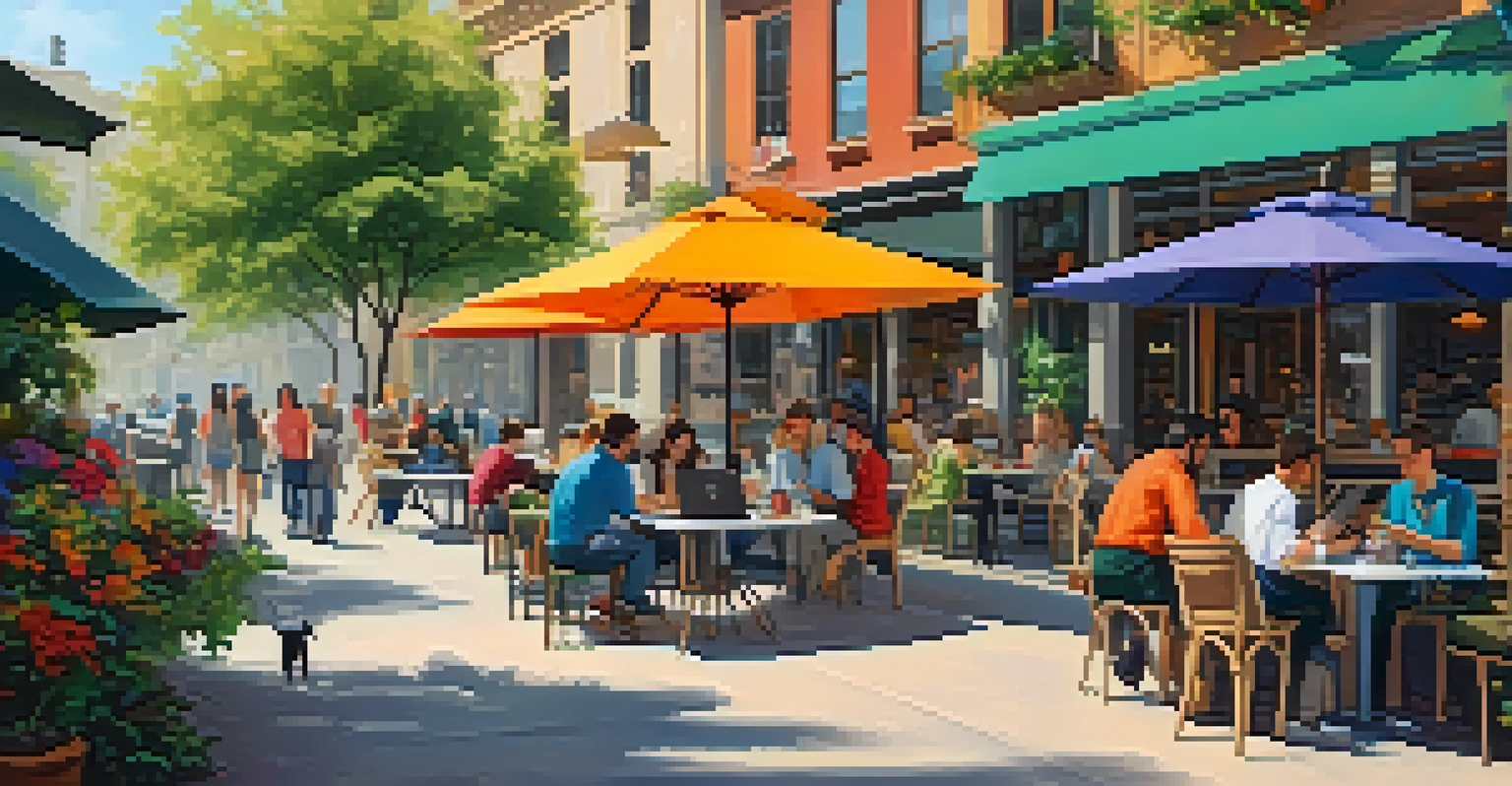 Remote workers in an outdoor café using laptops, surrounded by plants and colorful umbrellas.